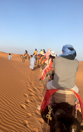 caravana de dromedarios con viajeros en la arena